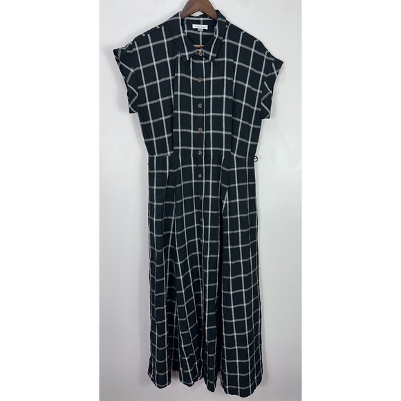 Calvin Klein Dresses & Skirts - Calvin Klein Black White Windowpane Plaid Button Front Midi Shirt Dress Size 12